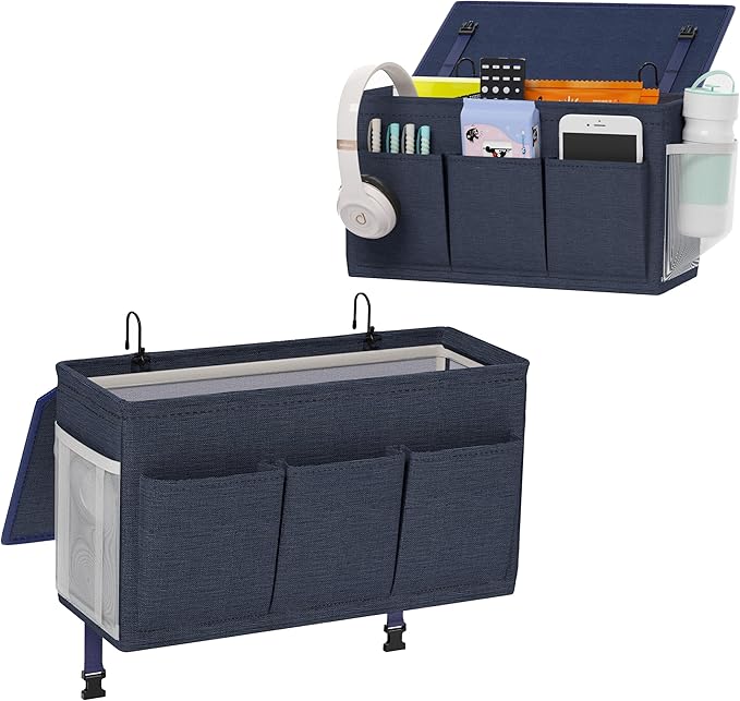 Dual-purpose Bedside Caddy Bedside Organizer, Bed Caddy with 6 Pockets, Versatile Bedside Storage Solution Magazine Remotes holder, ideal for Home, Dorm, Hospital, Crib Bed (Navy 2pcs)-Ruum Studio Home