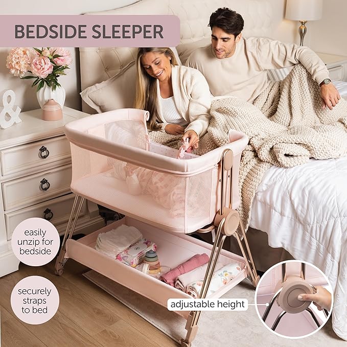 Baby Bedside Sleeper - Bassinet & Bedside Crib with Height Adjustment & Wheels - Can Be Placed Next to Bed - Attaches to Parents Bed - Easy to Fold & Carry Bassinet for Girls (Pink)-Ruum Studio Home