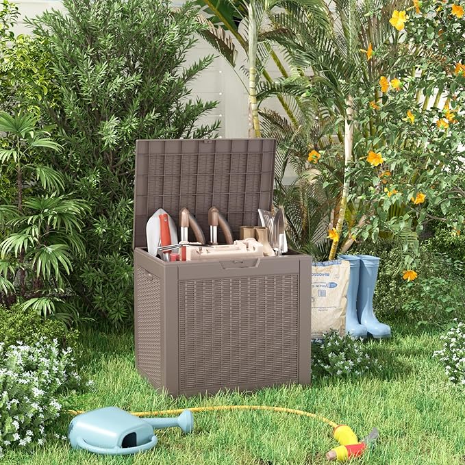 30 Gallon Resin Deck Box, Lockable Patio Outdoor Storage Box for Furniture, Garden Tools and Tools Storage, Waterproof Outside Storage Boxes - Grey-Ruum Studio Home
