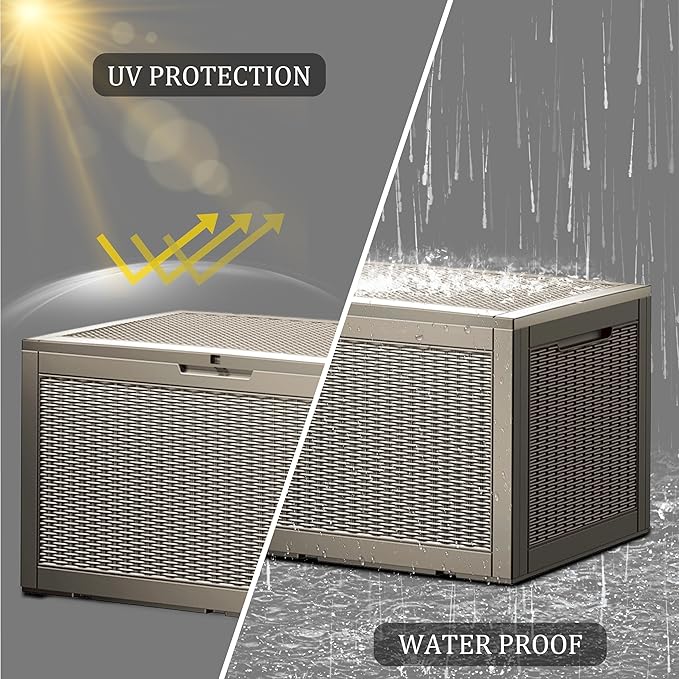 100 Gallon Lockable Resin Deck Box, Waterproof & UV-Resistant Outdoor Storage Box for Outdoor Cushion Storage, Garden Tools & Pool Accessories Storage, Gray-Ruum Studio Home