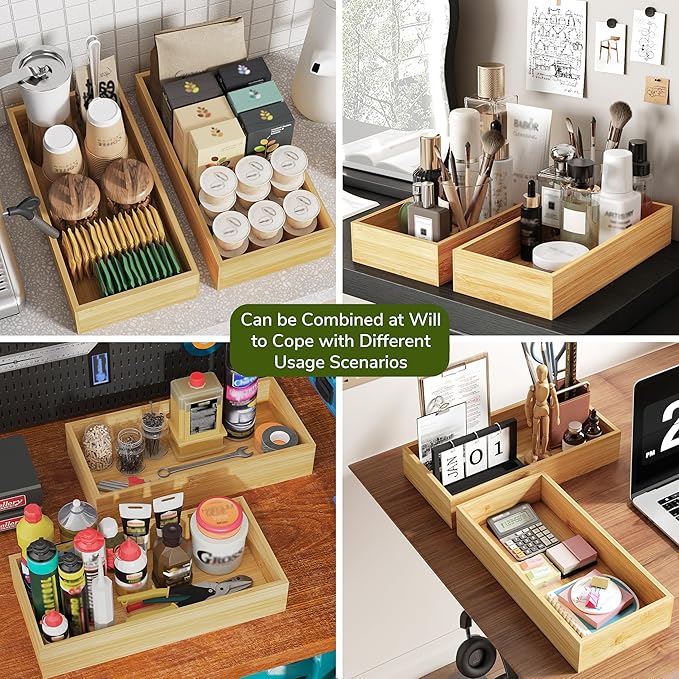 BAMEOS Deep Utensil Drawer Organizer, Bamboo Silverware Organizer for Kitchen Drawer Storage Flatware Junk Cutlery Jewelry 14"x 6.8" Set of 2 (Natural)-Ruum Studio Home