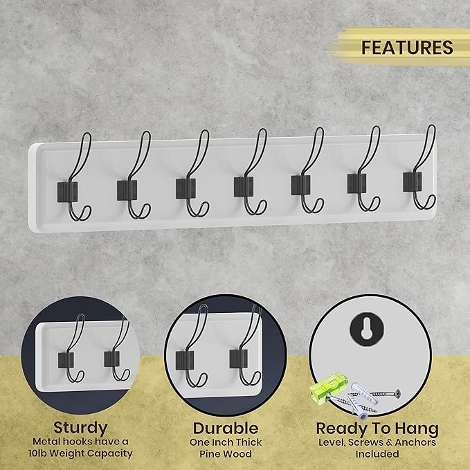 HBCY Creations White Solid Wood Wall Mounted Coat Rack with Shelf, 7 Hooks, 34" Long - Kitchen, Mudroom, Entryway, Bathroom - Includes Mounting Hardware, Coat Hanger, Dog Leash Hooks, Towel Rack-Ruum Studio Home