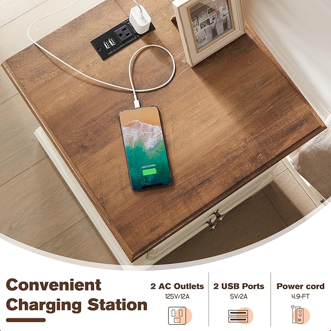 T4TREAM Nightstand with Charging Station, 18 Inch Vintage End Table with 2 Drawers, Wood Rustic Sofa Side Table with Open Storage Shelf for Bedroom, Living Room, Antique White-Ruum Studio Home