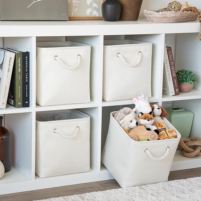OrganiHaus 11x11 Cube Storage Bins 4 Pack, Foldable Cube Storage Organizer w/ Rope Handles, Collapsible Fabric Bins for Toys, Clothes & Closet Organization, Fabric Square Baskets - Off-White-Ruum Studio Home