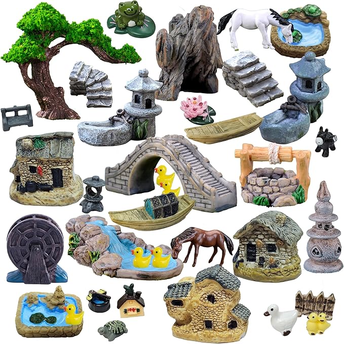 37PCS Fairy Garden Accessories, Miniature Nature Village Theme Fairy Garden Supplies for Outdoor, Mini Resin Animals House Bridge Pool Figurines Micro Landscape Succulent Plant Pots Terrarium Decor-Ruum Studio Home