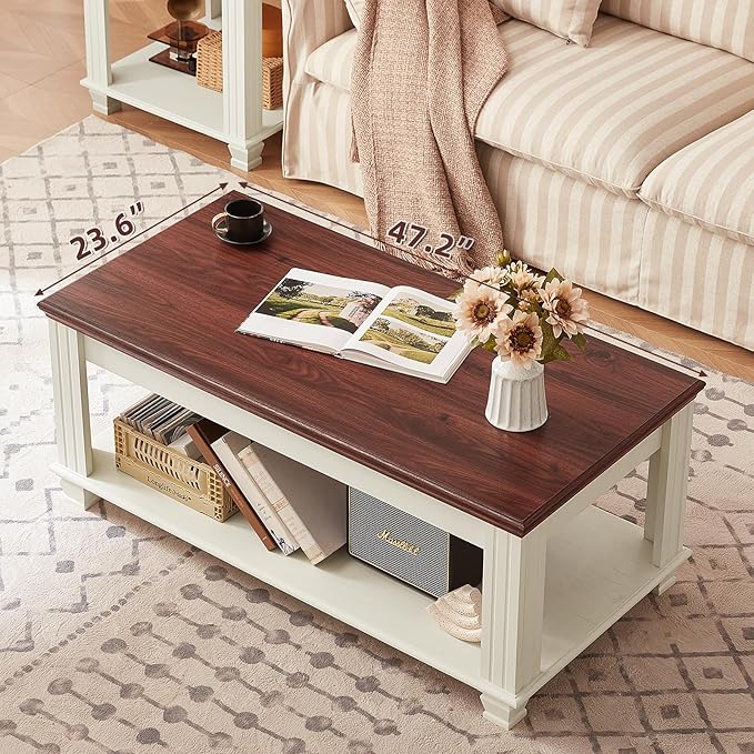 Farmhouse Coffee Tables for Living Room,Square Tea Table with Open Storage Shelf,Large Coffee Table,Rustic Wooden Center Table,White-Ruum Studio Home
