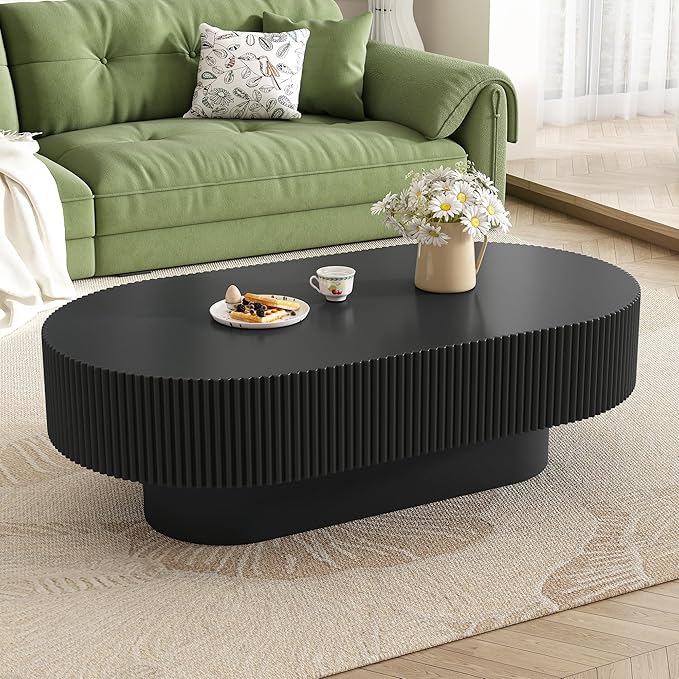 43.3" Oval Fluted Coffee Table Modern Elegant Drum End Table, Minimalist Center Table 7.8" Thick Tabletop with Sturdy Base for Living Room, Bedroom, Apartment,Easy Assembly, Black-Ruum Studio Home