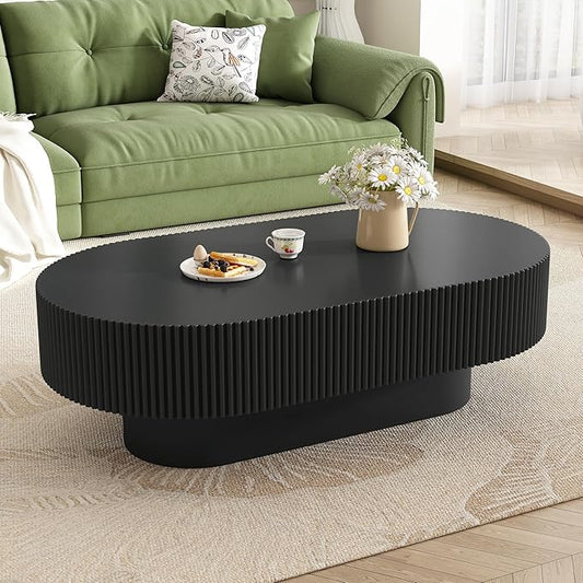 43.3" Oval Fluted Coffee Table Modern Elegant Drum End Table, Minimalist Center Table 7.8" Thick Tabletop with Sturdy Base for Living Room, Bedroom, Apartment,Easy Assembly, Black-Ruum Studio Home