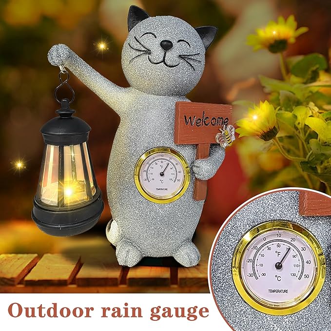 Solar Cat Outdoor Statues for Garden-Creative Thermometer-Lantern-Welcome Sign, Suitable for Yard Art, Lawn Ornaments, Porch, Terrace, Alcove, Home, House Outdoor, Cat Garden Decoration-Ruum Studio Home