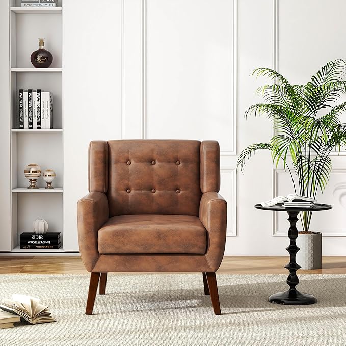 UIXE Faux Leather Accent Chair, Morden Upholstered Armchair for Living Room, Button Tufted Arm Chair Comfy Single Sofa Bedroom Side Reading Seat - Coffee-Ruum Studio Home