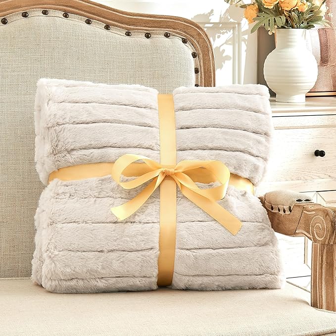 BEDELITE Faux Fur Throw Blanket for Couch, Soft and Cozy 3D Ribbed Fluffy Blanket, Thick Warm Plush Fuzzy Faux Rabbit Fur Blanket for Women Gift (Beige, 50"x 60")-Ruum Studio Home