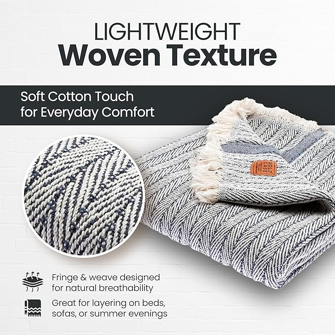 Gold Case Throw Blanket for Couch – 100% Recycled Turkish Cotton Blankets & Throws – Elegant Decorative Throw Blankets for Living Room Sofa – Woven Throws for Couch – Vintage Navy Blue – 60x80-Ruum Studio Home