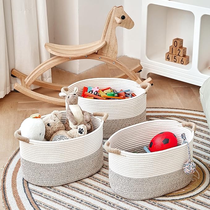 Storage Baskets for Organizing | 15"x10.2"x9.1" - 1 Pack Nursery Bin with Handles - Woven Cotton Rope Baskets for Dog Toys, Books, Shelf, Bathroom,Closet -Stylish Storage | White & Beige-Ruum Studio Home