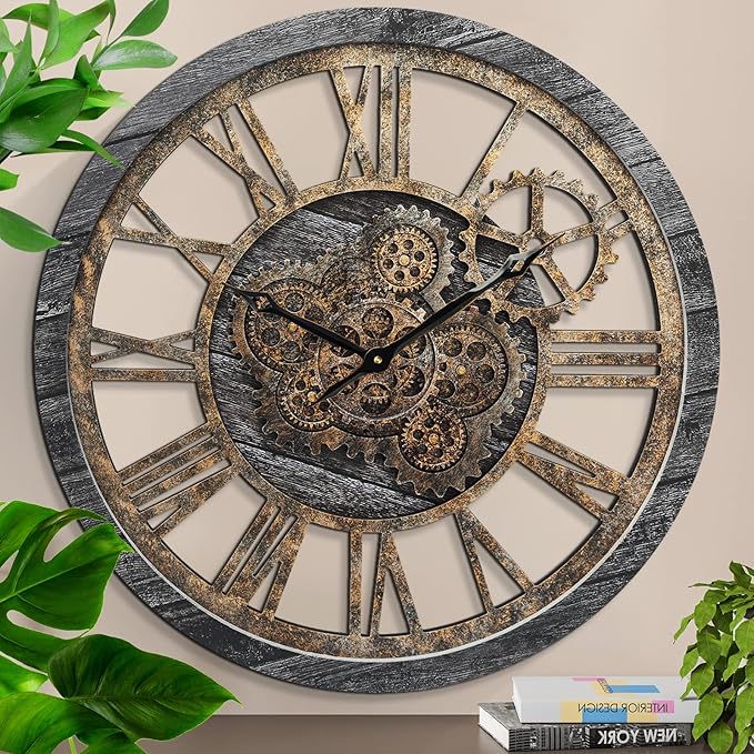 HOIBAI Wall Clock, 24 Inch Moving Gears Clock Large Wall Clock for Living Room Decor Rustic Vintage Industrial Steampunk Farmhouse Big Clock for Home Kitchen Bedroom Office-Ruum Studio Home