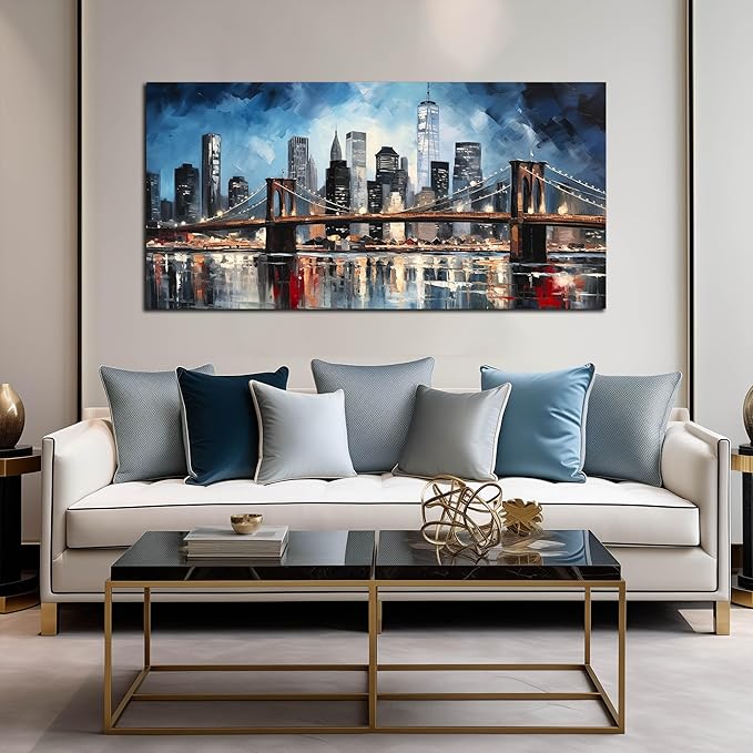 Brooklyn Bridge Wall Art for Bedroom,Modern City Large Canvas Wall Art Living Room,Blue Home Office Decor 29 x 59 Inch-Ruum Studio Home