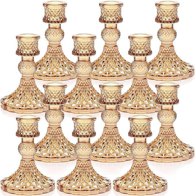 Candlestick Holders Set, 12Pcs 4" H Taper Candle Holders Bulk, Glass Candle Holders for Wedding, Festival, Party & Windowsill Decor, Gold-Ruum Studio Home