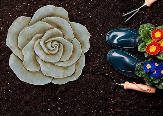 NAT & Jules Rose Flower Shaped Dimensional Indoor Outdoor 12 inch Cast Resin Decorative Garden Stepping Stone, Patio, Walkway Sculpture Yard Art, Stone Grey-Ruum Studio Home