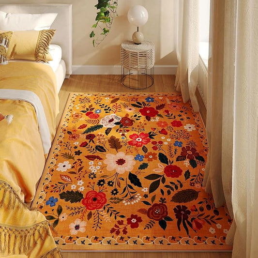 Bedroom Rug 3x5 Rug Washable Area Rug Non Slip Low Pile Boho Floral Small Carpet for Bedroom, Bedside, Kitchen, Entryway, Kids Room, Office, College Dorm Essentials for Girls(Yellow)-Ruum Studio Home