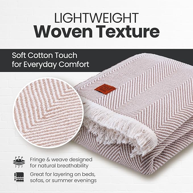 Gold Case Throw Blanket for Bed – 100% Recycled Turkish Cotton Bed Blanket – Decorative Throw Cotton Blankets for Living Room & Bedroom – Woven Twin Blankets - 71x90 - Elegant Beige-Ruum Studio Home