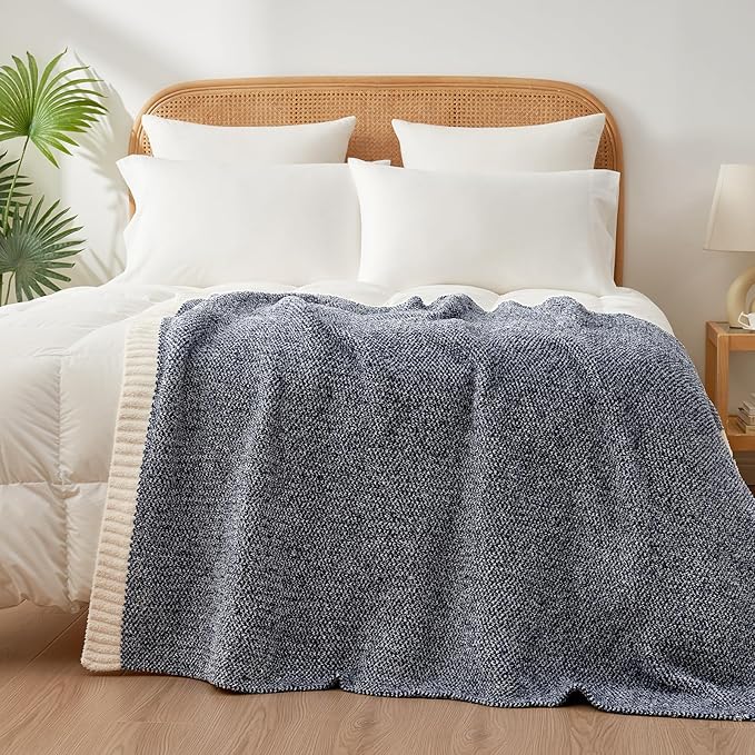 Snuggle Sac Heather Navy Twin Size Blankets, Super Soft Microfiber, Warm Cozy Knit Fuzzy Plush Blankets for Sofa, Bed, Living Room, Navy, 60x80 inches-Ruum Studio Home