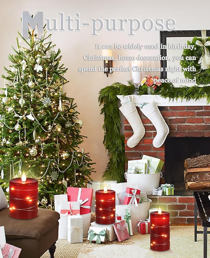 Red flameless Candles with Remote Control Timer Battery Operated LED Pillar Candles 4‘’ 5‘’ 6‘’ Fake Candles with String Lights Set of 3 for Christmas or Special Festivals Decorations-Ruum Studio Home