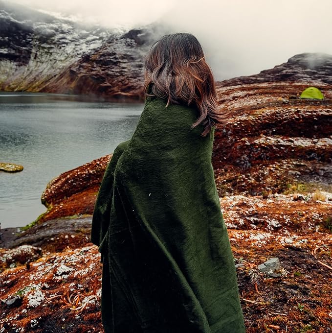 LATITUDE ZERO; Camping Alpaca Wool Throw Blanket | Warm, Ultra-Soft, Breathable, Non-Itchy Outdoor Blanket-Throw | Hypoallergenic and Beautiful Fabric (Army Green)-Ruum Studio Home