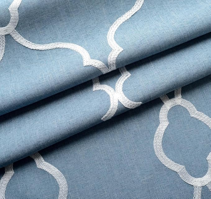 MIUCO Moroccan Embroidery Semi Sheer Curtains Faux Linen Grommet Curtains for Bedroom 52 x 63 Inch 2 Panels, Dusty Blue-Ruum Studio Home