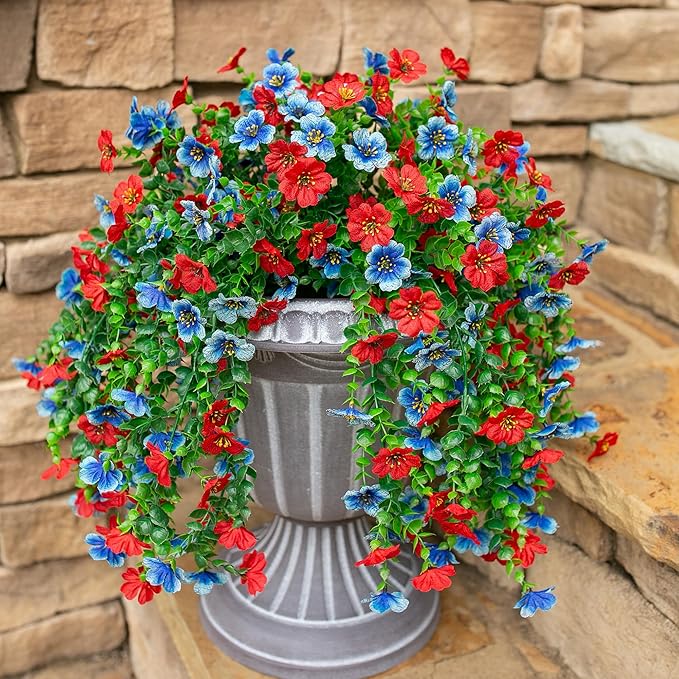 INSPRING Artificial Faux Hanging Flowers Plants for Spring Outdoor Outside Decoration, 2 PCS Fake Silk Daisy with Eucalyptus UV Resistant Realistic Trailing Vines for Balcony Patio Porch (BlueRed)-Ruum Studio Home