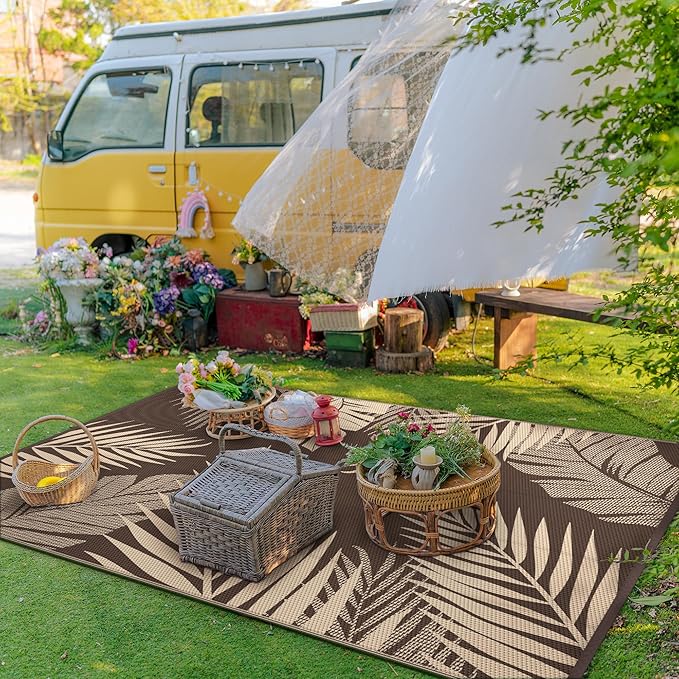 GENIMO Outdoor Rug 3' x 5' Waterproof for Patios Clearance, Reversible Outdoor Plastic Straw Camping Rug Carpet, Large Area Rugs Mats for RV, Camper, Deck, Balcony, Porch, Beach, Coffee&Beige-Ruum Studio Home