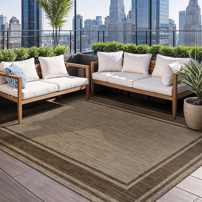 Beverly Rug Large Outdoor Rug 9x12 Modern Bordered Area Rugs for Indoor and Outdoor Patio Deck Porch Garden Waterproof Weather Sun Resistant Washable Outside Carpet (9 x 12 Jute)-Ruum Studio Home