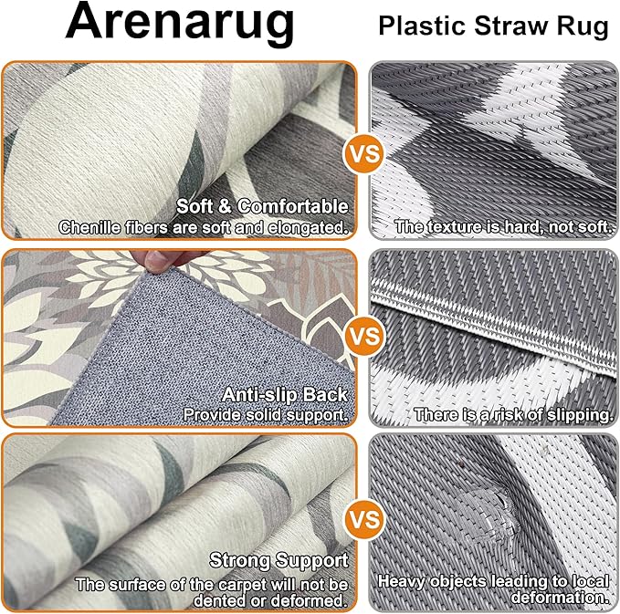 Indoor Outdoor Area Rug Washable Multicolored Patio Rug Tropical Botanical Modern Floral Indoor Outdoor Carpet Brown White Rug Non Slip Non Shedding for Patio, Deck, Backyard, Porch (6x9)-Ruum Studio Home