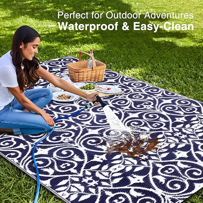 OLANLY Outdoor Rug Waterproof 5x8 ft Clearance, Reversible Outdoor Plastic Straw Rug with Floral Pattern, RV Mat for Patio, Camping, Balcony, Deck, Backyard, Navy & White-Ruum Studio Home