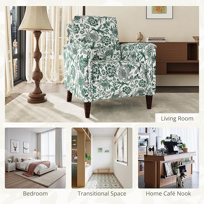 Floral Accent Chair, High Back Upholstered Armchair with Solid Wooden Legs, Padded Armrest and Removable Comfortable Cushioned Seat Single Sofa for Living Room, Bedroom, Green-Ruum Studio Home