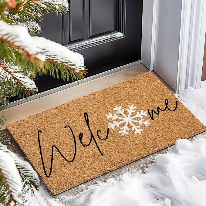 Barnyard Designs Natural Coco Coir Christmas Doormat - Large Cute Non-Slip Heavy Duty Backing Door Mat for Outside Entrance or Porch Entry, Brown (17x30, Winter Snowflake)-Ruum Studio Home