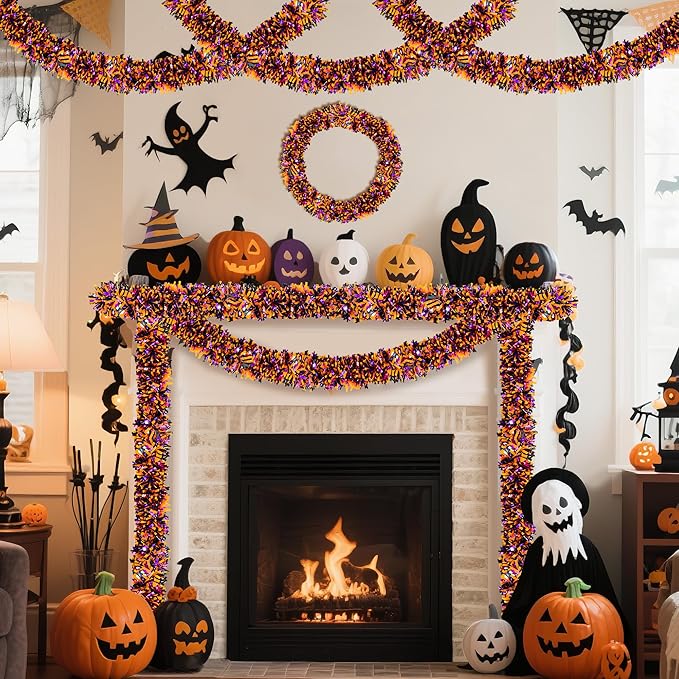50FT Halloween Decorations Tinsel Garland, Orange Purple Black Shiny Metallic Tinsel Twist Hanging Streamers Garland for Halloween Birthday Home Tree Banister Indoor Outdoor Party Decor Supplies-Ruum Studio Home