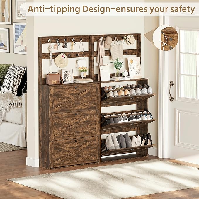 Shoe Cabinet with 3 Flip Drawers, Narrow Shoe Cabinet with 9 Hooks Coat Rack, Freestanding Shoes Storage Cabinets with Adjustable Shelves for Entryway, Hallway, Living Room, Rustic Brown-Ruum Studio Home