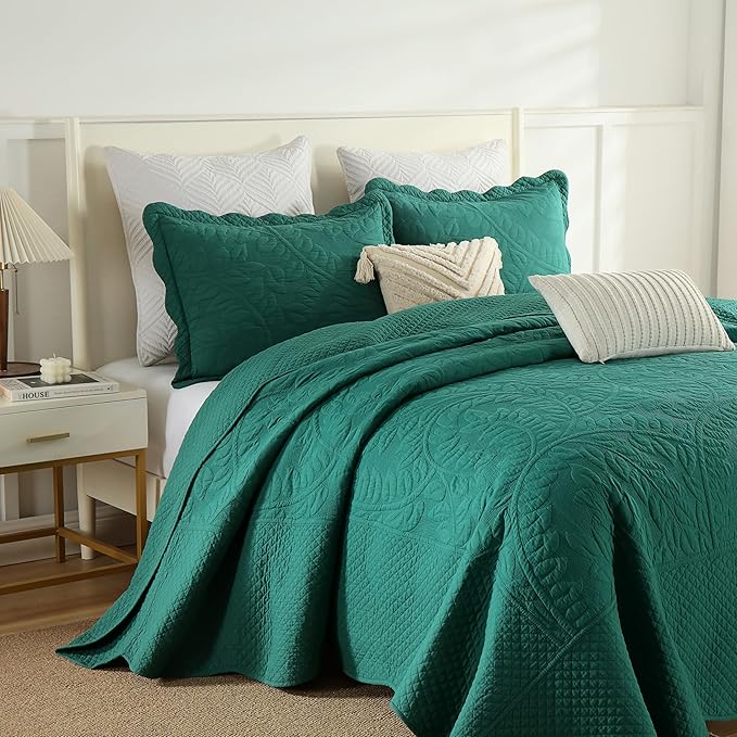 MarCielo 3-Piece 100% Cotton Oversized Bedspread Lightweight Quilt Coverlet Embroidery Farmhouse Bedding Set T0 (Emerald, Oversized Queen (100"x106"))-Ruum Studio Home