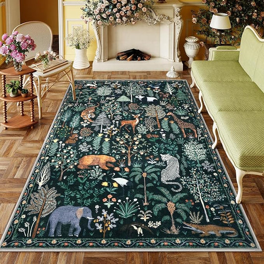 OJIA Jungle Print 5x7 Area Rugs for Living Room, Green Soft Washable Rugs for Bedroom Ultra-Thin Non-Slip Modern Rug, Stain Resistant Nursery Rug Carpet for Kids Playroom Nursery Dining Room-Ruum Studio Home
