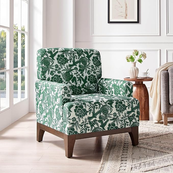 Floral Accent Armchair Set of 2, Retro Wingback Upholstered Armchair with Wide Dipped Back Design and Wooden Legs, High Back Armchair, Leisure Single Sofa Chair for Living Room, Bedroom, Green-Ruum Studio Home