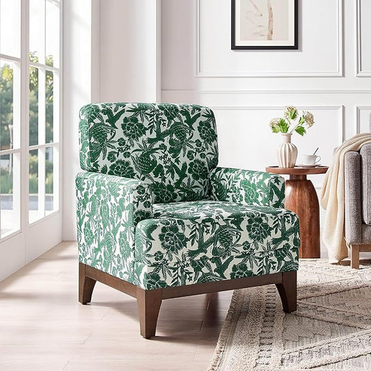 Floral Accent Armchair, Retro Wingback Upholstered Armchair with Wide Dipped Back Design and Wooden Legs, High Back Armchair, Leisure Single Sofa Chair for Living Room, Bedroom, Balcony, Green-Ruum Studio Home