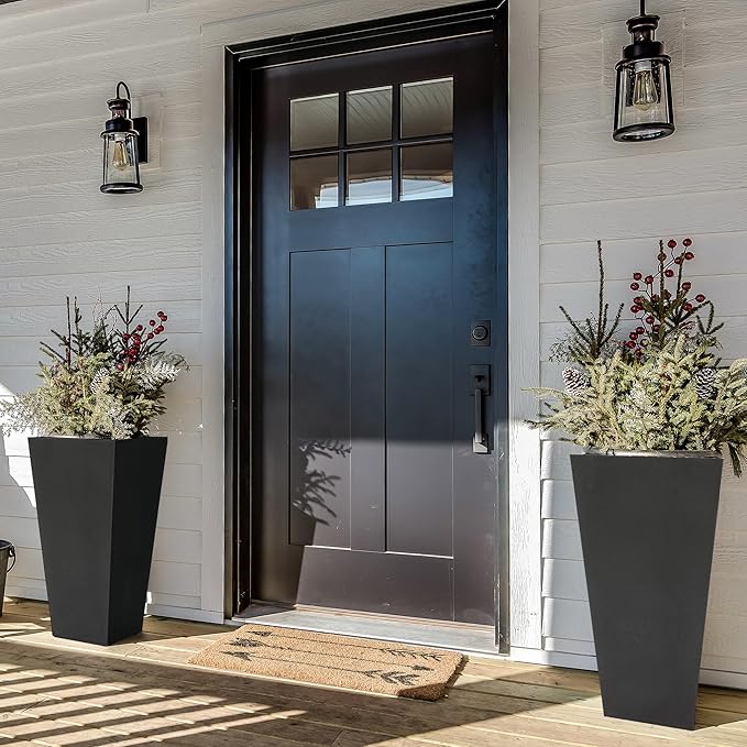 Worth Garden 2-Pack Black Matte Texture Square Tapered Planter - 25.5" H. Tall Plastic Plant Pots with Drain Hole for Indoor Outdoor - Modern Decorative Flower Pots for Front Porch, Patio, Deck-Ruum Studio Home