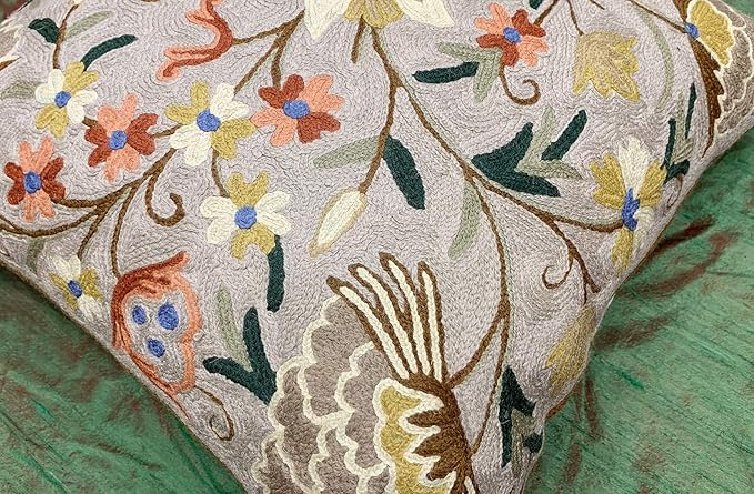 Beige Floral Pillow Cover Taupe Flower Traditional Hand Embroidered Pillowcase Traditional Outdoor Cushion Suzani Couch Flowery Needlepoint Chair Cushion Wool Size - 18x18-Ruum Studio Home