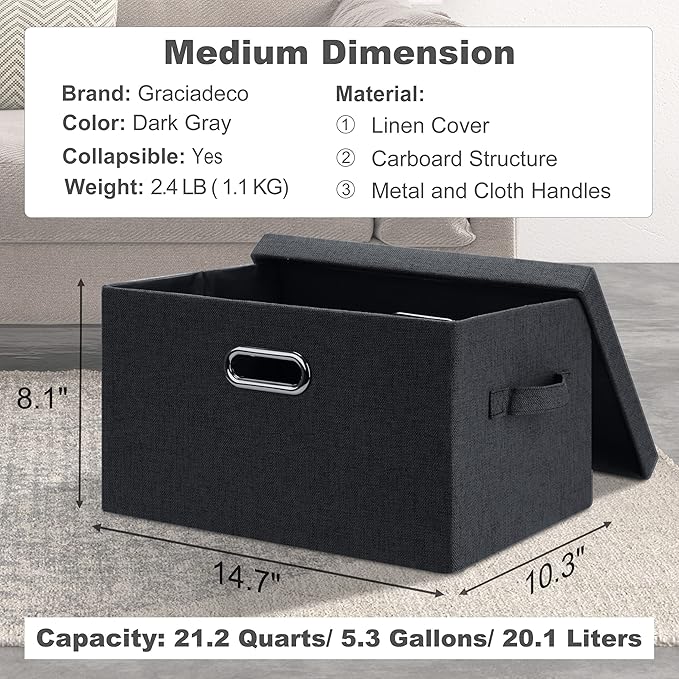 Medium 15" 21 Quart Collapsible Stackable Storage Bins with Lids, 5 Packs Dark Gray Foldable Fabric Closet Storage Boxes with Lids, Lidded Heavy-duty Linen Baskets(15x11x8)-Ruum Studio Home