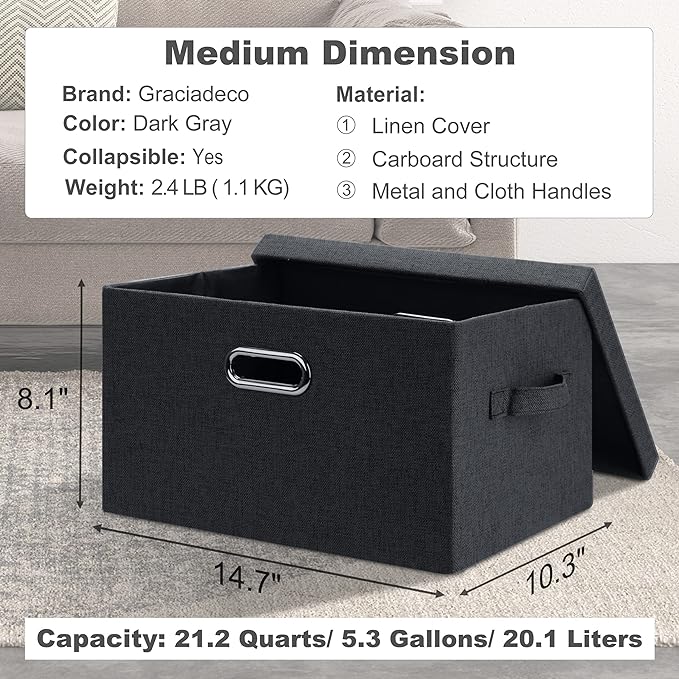 Medium 15" 21 Quart Collapsible Stackable Storage Bins with Lids, 3 Packs Dark Grey Foldable Fabric Closet Boxes Heavy-duty Linen Cube Baskets Container for Bedroom Office (15 x 11 x 8)-Ruum Studio Home