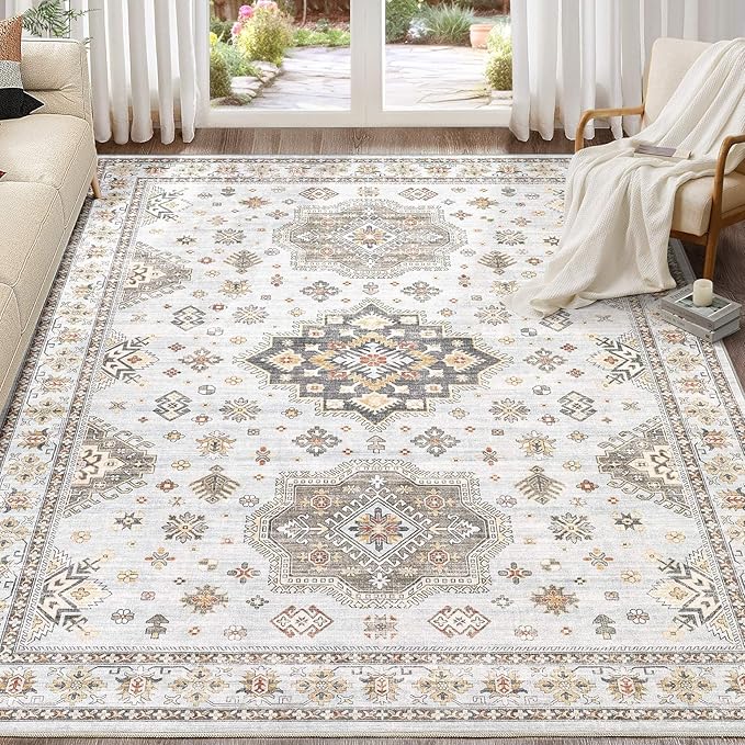 Washable Area Rugs for Living Room -10x13 Neutral Vintage Distressed Floral Farmhouse Boho Large Soft Floor Rug Indoor Non Slip Carpet for Living Room Bedroom Dining Room Office-Blue Brown-Ruum Studio Home