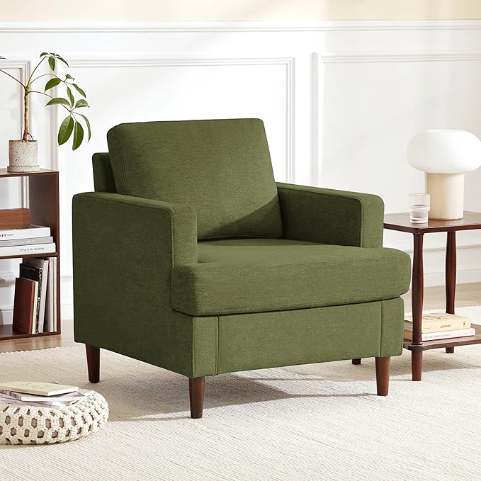 Mid-Century Accent Chair,Modern Linen Fabric Armchair for Living Room,Comfy Upholstered Reading Accent Chairs for Bedroom,Single Sofa Chair with Wood Legs (Green, 1 Pack)-Ruum Studio Home