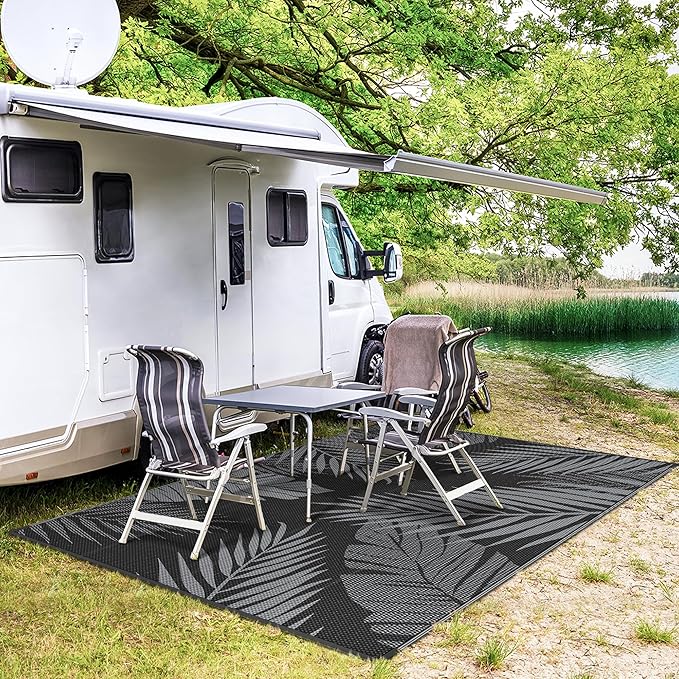 GENIMO Outdoor Rug 9' x 12' Waterproof for Patios Clearance, Reversible Outdoor Plastic Straw Camping Rug Carpet, Large Area Rugs Mats for RV, Camper, Deck, Balcony, Porch, Beach, Picnic, Black&Grey-Ruum Studio Home