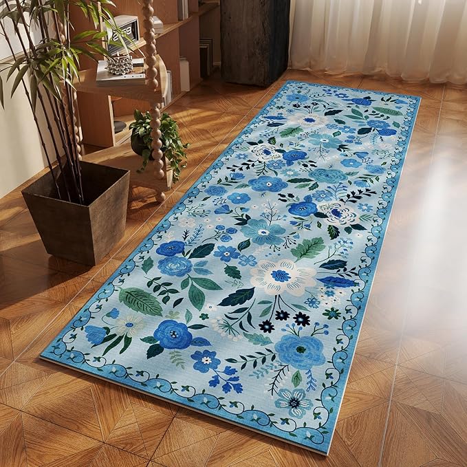 Runner Rug for Hallways Kitchen Rug Non Slip 2'6''x8' Washable Runner Rugs with Rubber Backing Soft Floral Carpet Runner for Hallways, Kitchen, Laundry, Bedroom, Bathroom(Blue)-Ruum Studio Home