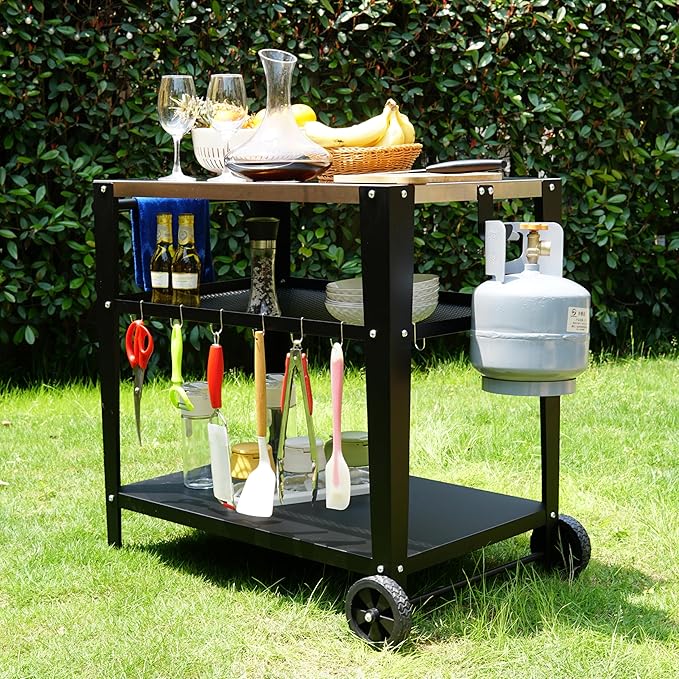 Stainless Steel Outdoor Grill Cart with Wheels, Heavy-Duty 3-Tier BBQ Prep Table for Pizza Oven, Griddle, Patio – Rustproof Commercial Kitchen Cart with Tool Hooks-Ruum Studio Home
