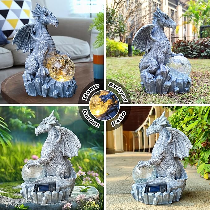 Dragon Solar Garden Statues Outdoor Decoration with Magic Orb,Dragon Figurine Solar LED Lights Lawn Décor,Outside Statue Ornament for Patio, Balcony, Yard,Unique Gifts for Mom Grandma-Ruum Studio Home